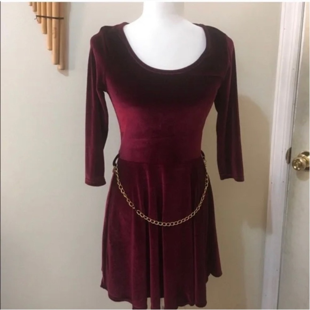 Women’s Red Velvet With Gold Belt Dress
